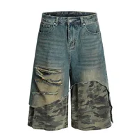 Jiayiku Trendy Brand   High Street Vibe Camouflage Denim Shorts Men's Ro Trendy Fake Two-Piece Ripped Cropped Pants sku image 2