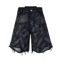 Jiayiku Men's Wear Waste Soil Dirty Dyed American High Street Heavy Washing Destruction Denim Pants Men's Wide Leg Shorts sku image 6