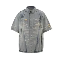 Jiayiku Men's  Summer New Style Niche Pleated Design Washed Denim Shirt Handsome Jacket Short Sleeve main image 1