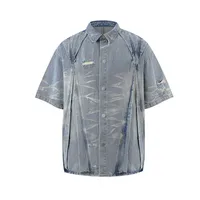 Jiayiku Men's  Summer New Style Niche Pleated Design Washed Denim Shirt Handsome Jacket Short Sleeve main image 2