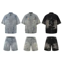 Jiayiku Men's  Summer New Style Niche Pleated Design Washed Denim Shirt Handsome Jacket Short Sleeve main image 5