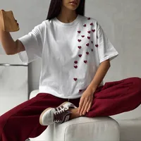 Women's Spring And Summer New Fashion Brand Printing Casual Short-sleeved Fashion 3D Love Sticker Round Neck All-match Solid Color T-shirt Ins main image 1