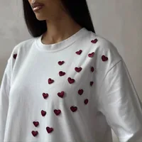 Women's Spring And Summer New Fashion Brand Printing Casual Short-sleeved Fashion 3D Love Sticker Round Neck All-match Solid Color T-shirt Ins main image 2