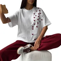 Women's Spring And Summer New Fashion Brand Printing Casual Short-sleeved Fashion 3D Love Sticker Round Neck All-match Solid Color T-shirt Ins main image 5