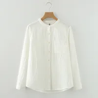 Stand-Up Collar Pure Cotton Double-Layer Yarn Shirt Breathable Soft Waxy Double-Layer Cotton Yarn Long-Sleeved Casual Shirt Women's Shirt sku image 1