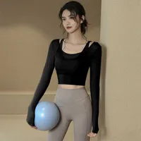 Yoga Wear With Chest Pad, Long-Sleeved T-Shirt, Women's Fake Two-Piece Mesh Short Top, Sexy Sports Pilates Fitness Wear sku image 4