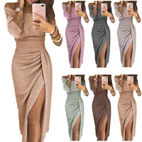 Designed Lady Hip Slit One-line Collar Dress Shiny Dress Dress Dinner Dress main image 1
