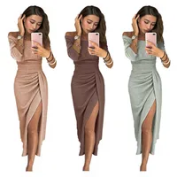 Designed Lady Hip Slit One-line Collar Dress Shiny Dress Dress Dinner Dress main image 3