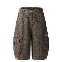 Jiayiku Fashion Brand  High Street Vibe Leopard Print Denim Shorts Men And Women RO Fashion Loose Machete Cropped Pants sku image 1