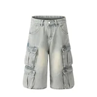 Jiayiku Men's Summer Cropped Pants American Retro Washed Work Jeans Straight Vibe Wide-Leg Shorts sku image 4