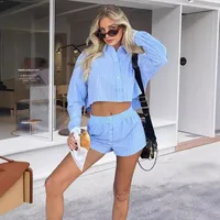 Autumn   Fashion Blue Striped Cotton Two-piece Women's Elegant Long-sleeved Shirt With Mid-waist Shorts main image 2