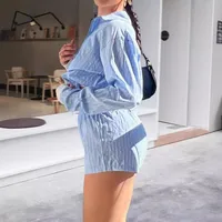 Autumn   Fashion Blue Striped Cotton Two-piece Women's Elegant Long-sleeved Shirt With Mid-waist Shorts main image 4
