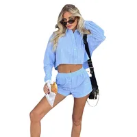 Autumn   Fashion Blue Striped Cotton Two-piece Women's Elegant Long-sleeved Shirt With Mid-waist Shorts main image 5