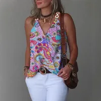 Independent Station Wish  New Summer Simple V-neck Metal Buckle Printed Small Vest Top For Women main image 4