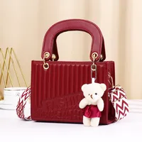 New Fashion High-end Foreign Trade Women's Bag Portable Rhombic Embroidery Small Square Bag Bear Hanging Ornaments Shoulder Crossbody Square Bag sku image 2