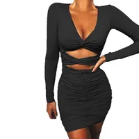 Style Sexy V Neck Promotional Dress  Long-Sleeved Cut Out Pleated Popular Slimming Look Hip-Hugging Short Skirt main image 5