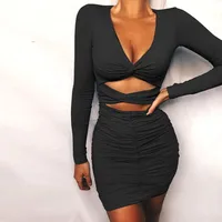 Style Sexy V Neck Promotional Dress  Long-Sleeved Cut Out Pleated Popular Slimming Look Hip-Hugging Short Skirt sku image 1