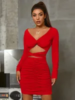 Style Sexy V Neck Promotional Dress  Long-Sleeved Cut Out Pleated Popular Slimming Look Hip-Hugging Short Skirt sku image 6