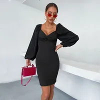 Independent Station  Foreign Trade  Fashion Women's Black Long Sleeve V-Neck Hip Skirt Dress main image 2