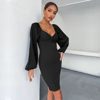 Independent Station  Foreign Trade  Fashion Women's Black Long Sleeve V-Neck Hip Skirt Dress main image 3