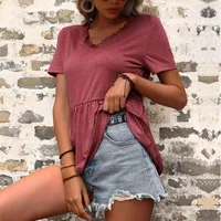 Independent Station   New Summer  V-neck Casual Solid Color Loose T-shirt Short Sleeve Top For Women main image 1