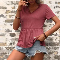 Independent Station   New Summer  V-neck Casual Solid Color Loose T-shirt Short Sleeve Top For Women main image 2