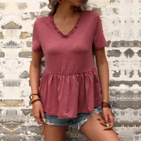 Independent Station   New Summer  V-neck Casual Solid Color Loose T-shirt Short Sleeve Top For Women main image 3