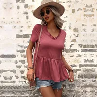 Independent Station   New Summer  V-neck Casual Solid Color Loose T-shirt Short Sleeve Top For Women sku image 4