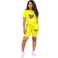 In Stock    Fashion Casual Sports Shorts Short Sleeve Pink Printed Cotton Two-piece Suit main image 3