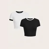Warehouse  Foreign Trade Contrast Color Round Neck Spice Girl Short-sleeved T-shirt Women's Summer Slim-fit Slimming Navel-exposed High Waist Short Top main image 1
