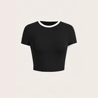 Warehouse  Foreign Trade Contrast Color Round Neck Spice Girl Short-sleeved T-shirt Women's Summer Slim-fit Slimming Navel-exposed High Waist Short Top main image 2
