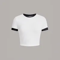 Warehouse  Foreign Trade Contrast Color Round Neck Spice Girl Short-sleeved T-shirt Women's Summer Slim-fit Slimming Navel-exposed High Waist Short Top sku image 1