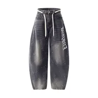 Jiayiku Trendy Brand  New American Retro Inkjet Washed Personalized Scimitar Jeans Loose Wide-Leg Pants sku image 5
