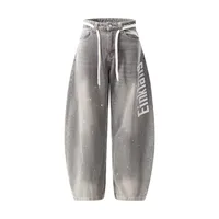Jiayiku Trendy Brand  New American Retro Inkjet Washed Personalized Scimitar Jeans Loose Wide-Leg Pants sku image 3