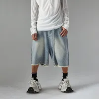 Jiayiku Men's  High Street American Style Vintage Washed Rough Edge Denim Shorts Personalized Hot Drilling Pants Wide Legs main image 1