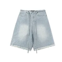 Jiayiku Men's  High Street American Style Vintage Washed Rough Edge Denim Shorts Personalized Hot Drilling Pants Wide Legs main image 3