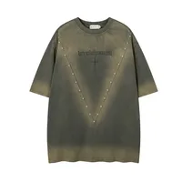 Jiayiku  Summer American Retro Fashion Brand Rivet Dirty Dye Washed T-shirt Short Sleeve Men's Loose Half Sleeve Top main image 2