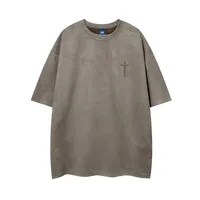 Jiayiku  Summer T-shirt Men's American Street Dark Fashion Brand Cross Embroidered Suede Short-sleeved T-shirt Men main image 3