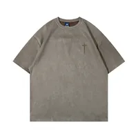 Jiayiku  Summer T-shirt Men's American Street Dark Fashion Brand Cross Embroidered Suede Short-sleeved T-shirt Men sku image 2