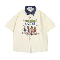 Jiayiku Men's  Summer American Style Antique Ins Trendy Cartoon Character Embroidered Corduroy Shirt Short Sleeve main image 1