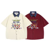Jiayiku Men's  Summer American Style Antique Ins Trendy Cartoon Character Embroidered Corduroy Shirt Short Sleeve main image 5