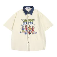 Jiayiku Men's  Summer American Style Antique Ins Trendy Cartoon Character Embroidered Corduroy Shirt Short Sleeve sku image 1