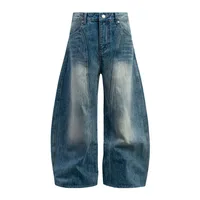 Jiayi Library Men's  American Vintage Washed Jeans Loose Profile Men's And Women's Vibe Scimitar Wide Leg Pants sku image 1