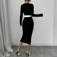 New    Women's Clothing Stitching Contrast Color Long Skirt Sexy Hip Long Sleeve Dress main image 2