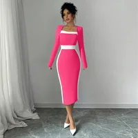 New    Women's Clothing Stitching Contrast Color Long Skirt Sexy Hip Long Sleeve Dress main image 4
