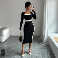 New    Women's Clothing Stitching Contrast Color Long Skirt Sexy Hip Long Sleeve Dress sku image 3