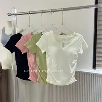 Ice Cream Pleated Bubble Slim Seamless V-neck Short Sleeve Sports Fixed Coaster Yoga Clothes Fitness Top Women main image 2