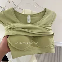 Ice Cream Pleated Bubble Slim Seamless V-neck Short Sleeve Sports Fixed Coaster Yoga Clothes Fitness Top Women main image 4