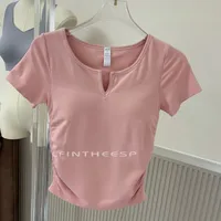 Ice Cream Pleated Bubble Slim Seamless V-neck Short Sleeve Sports Fixed Coaster Yoga Clothes Fitness Top Women sku image 6