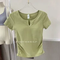 Ice Cream Pleated Bubble Slim Seamless V-neck Short Sleeve Sports Fixed Coaster Yoga Clothes Fitness Top Women sku image 7